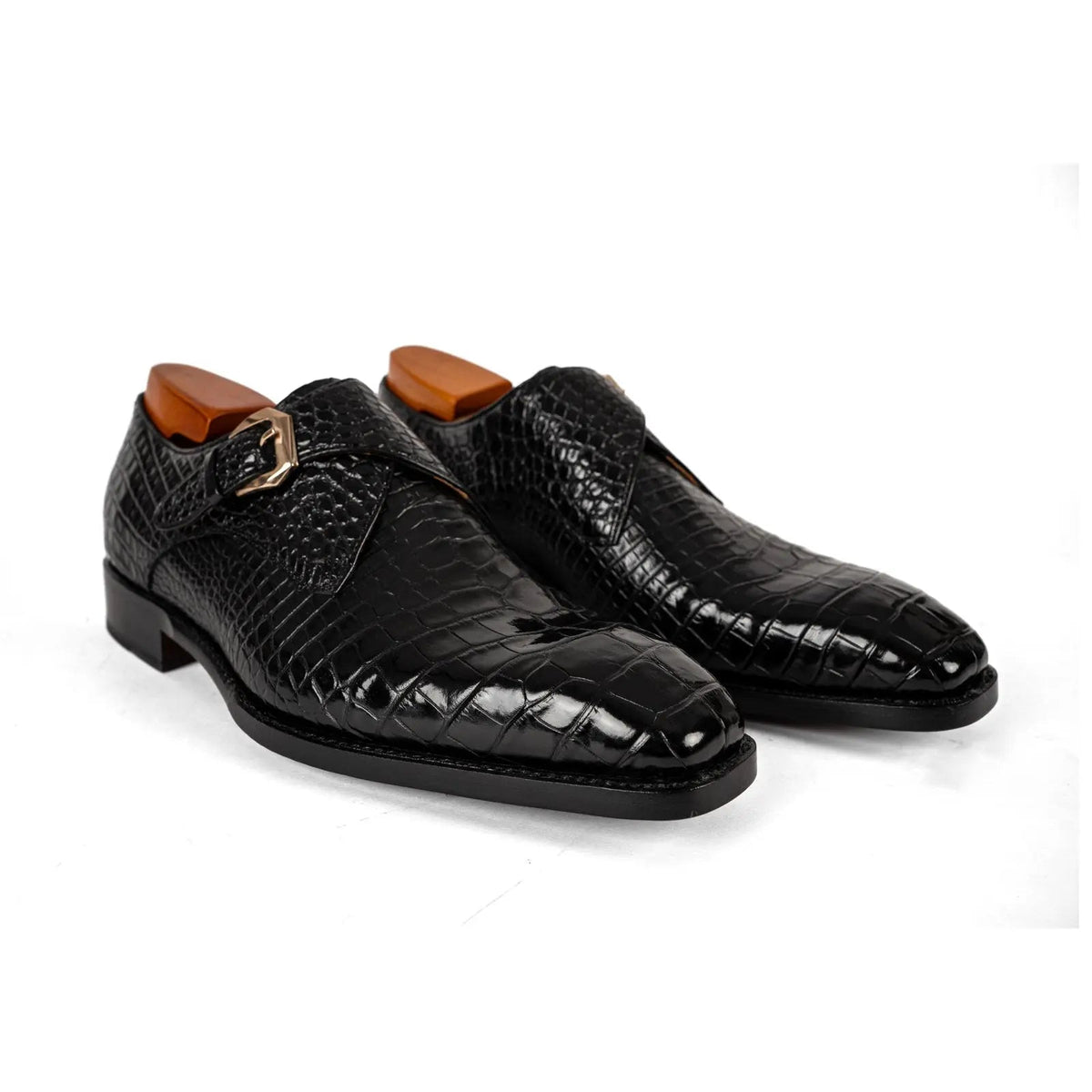 Black Square-Toe Crocodile Leather Monk Shoes