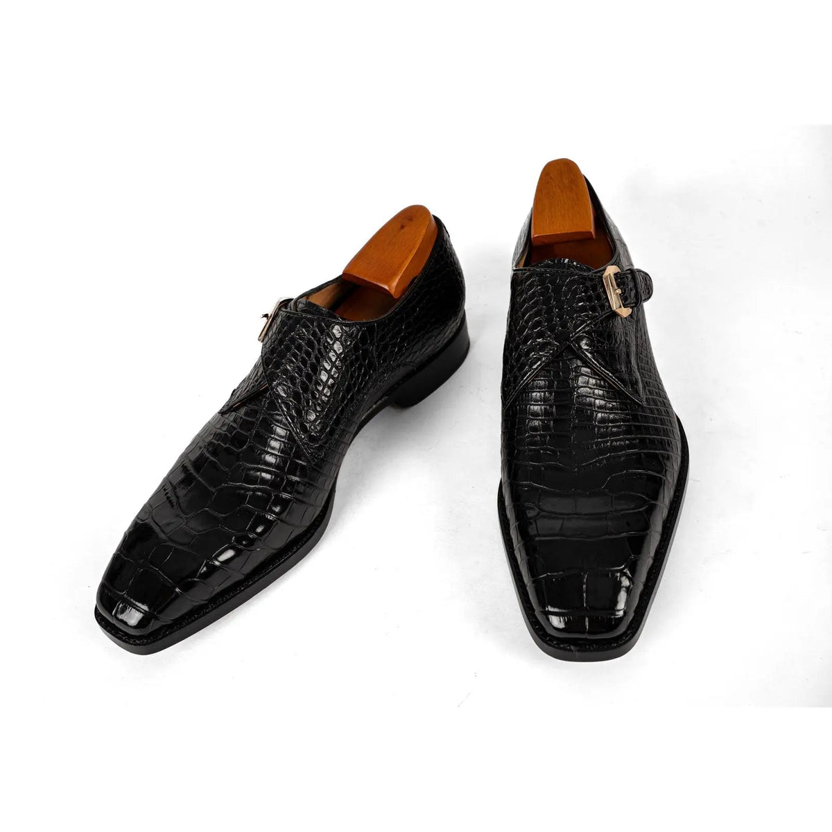 Black Square-Toe Crocodile Leather Monk Shoes