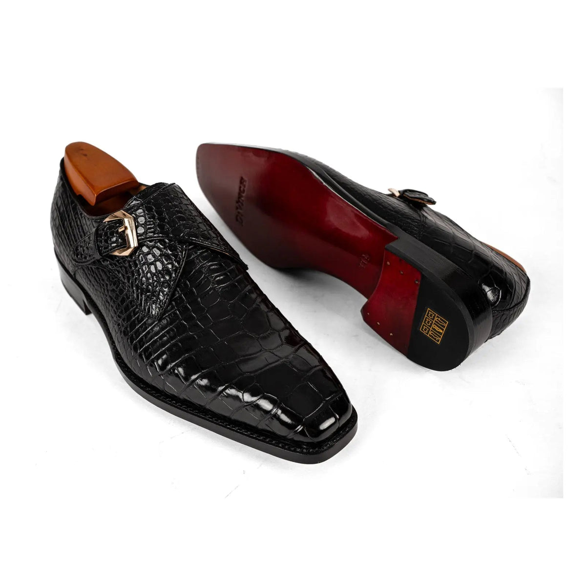 Black Square-Toe Crocodile Leather Monk Shoes