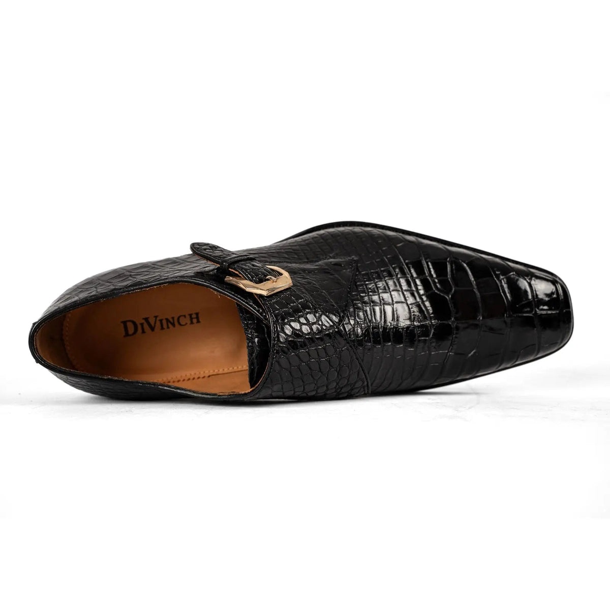 Black Square-Toe Crocodile Leather Monk Shoes