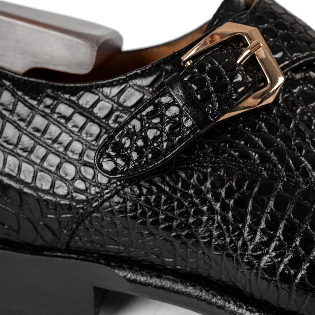 Black Square-Toe Crocodile Leather Monk Shoes