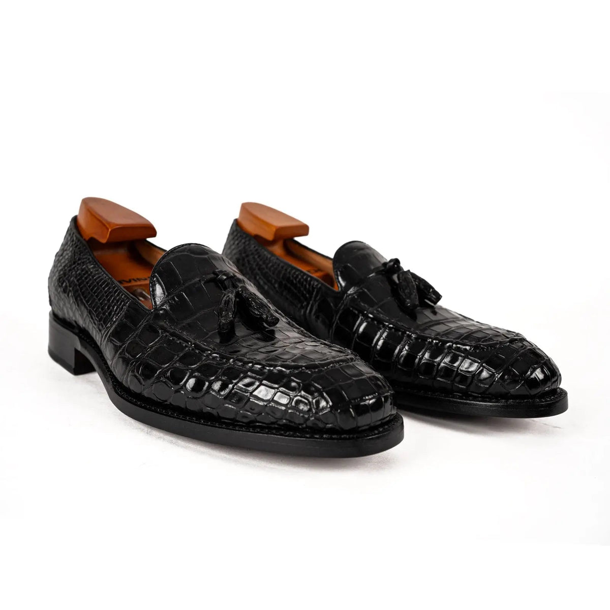 Black Apron-Toe Crocodile Leather Tassel Loafers
