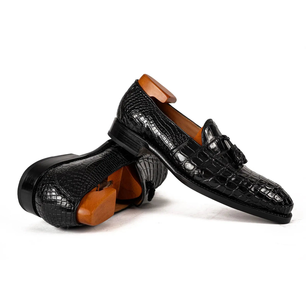 Black Apron-Toe Crocodile Leather Tassel Loafers