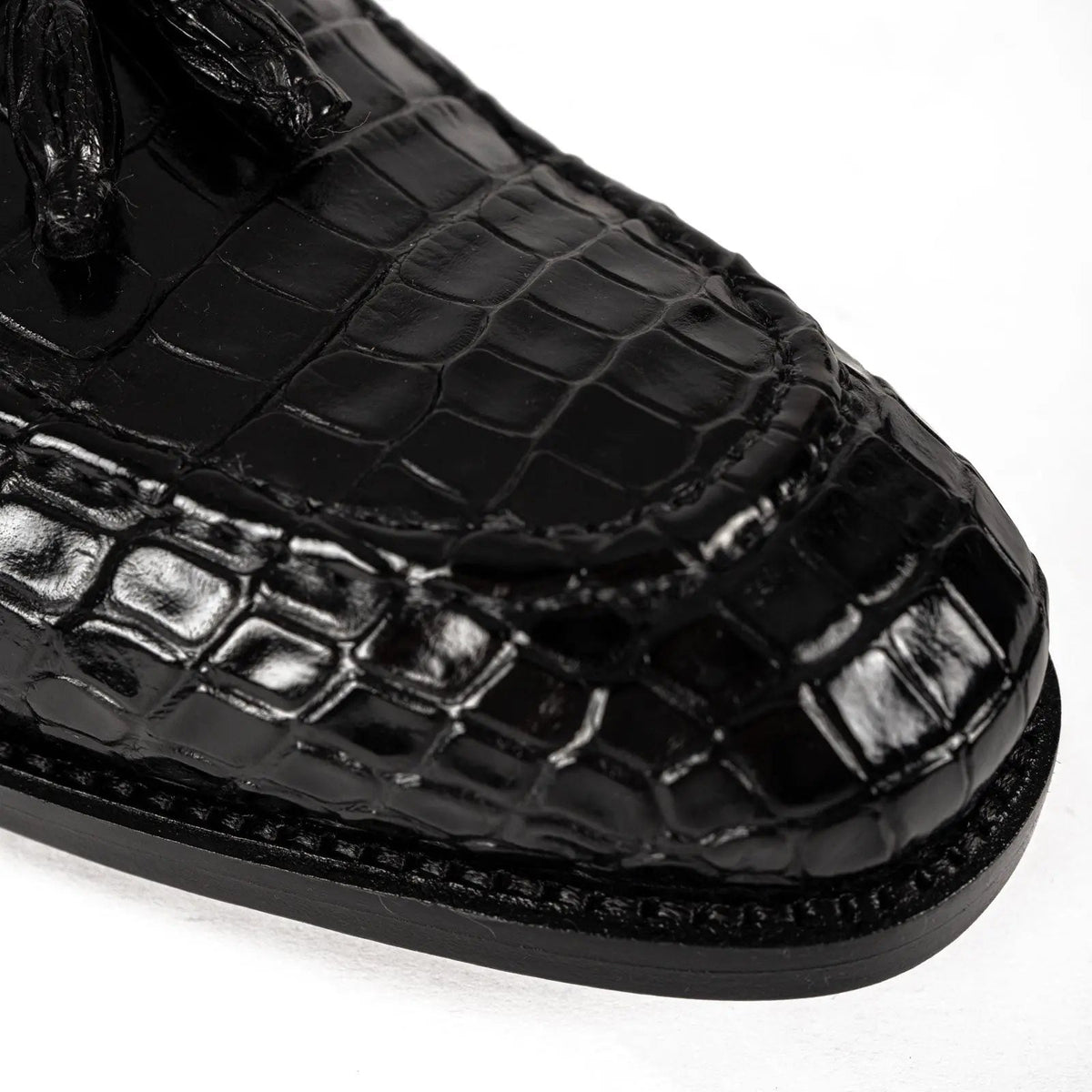 Black Apron-Toe Crocodile Leather Tassel Loafers