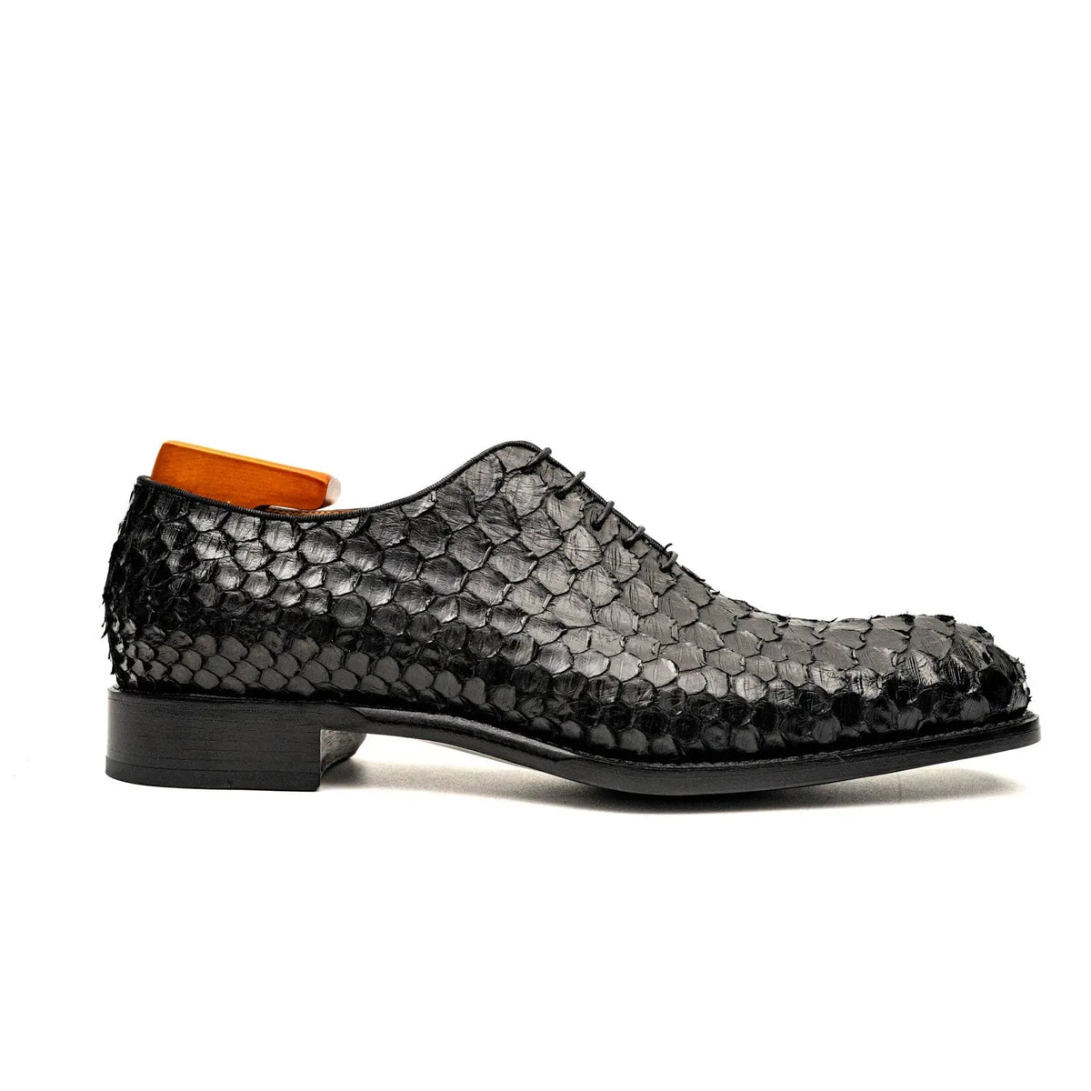 Black Plain-Toe Snakeskin Oxford Shoes