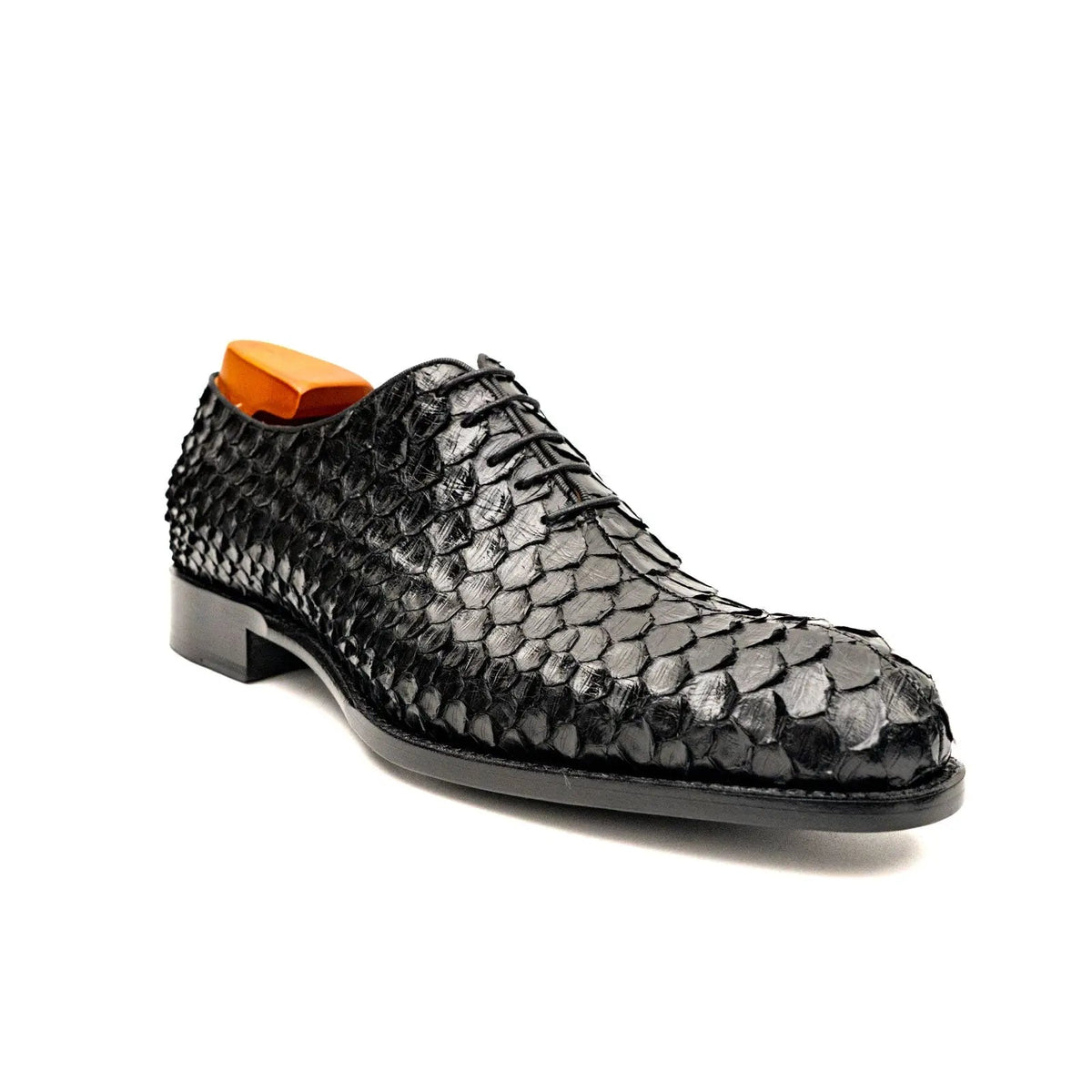 Black Plain-Toe Snakeskin Oxford Shoes