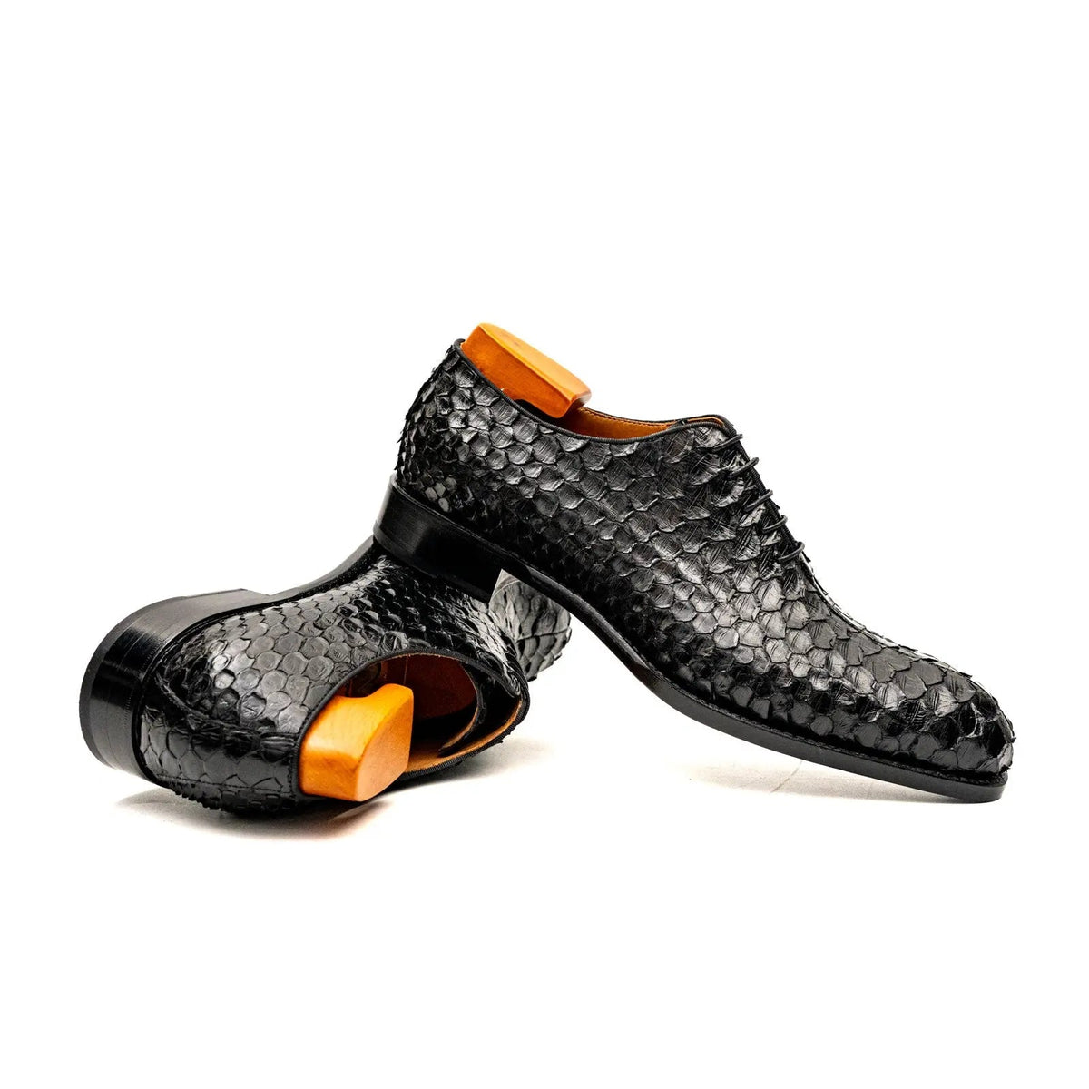 Black Plain-Toe Snakeskin Oxford Shoes