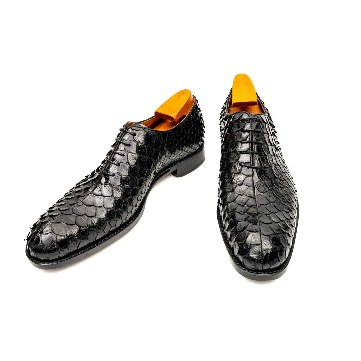 Black Plain-Toe Snakeskin Oxford Shoes