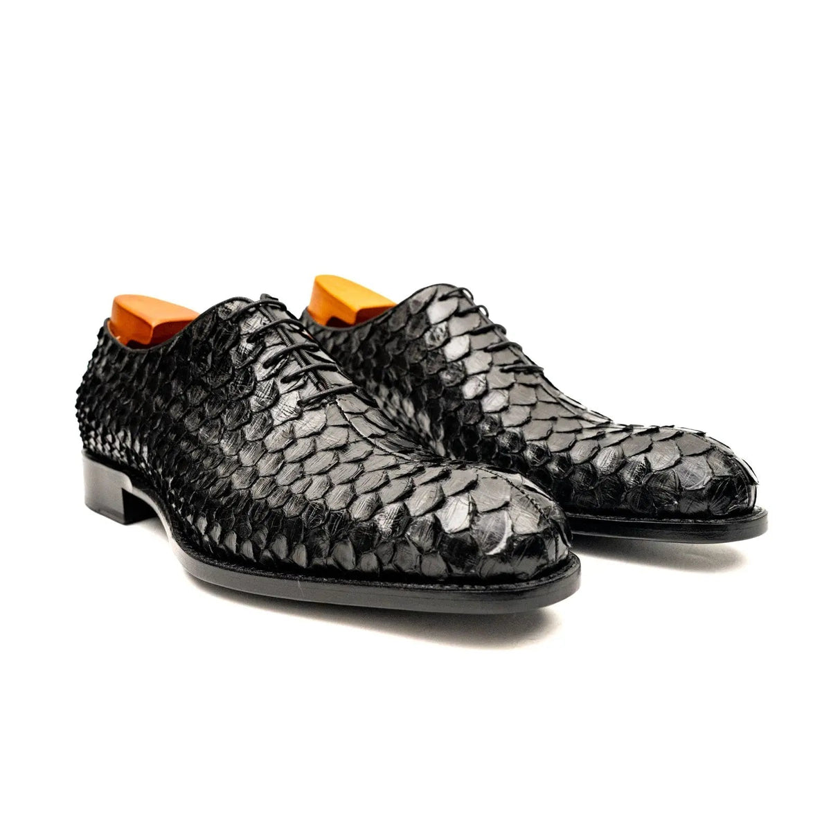 Black Plain-Toe Snakeskin Oxford Shoes