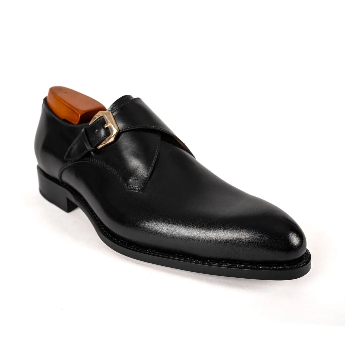 Black Plain-Toe Cow Leather Monk Shoes