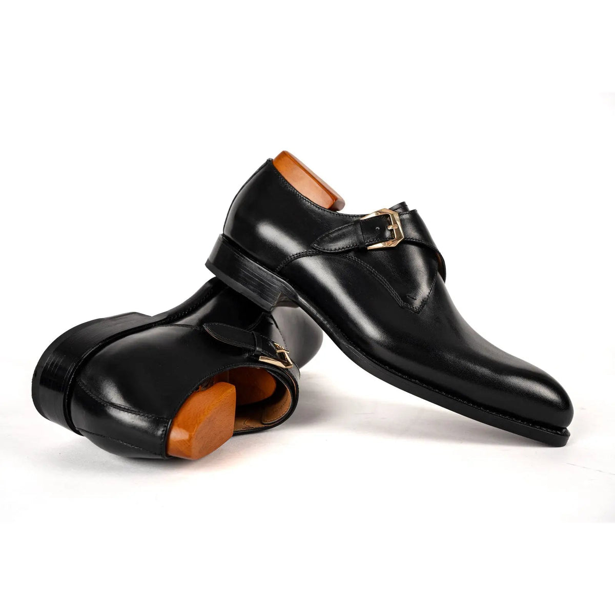 Black Plain-Toe Cow Leather Monk Shoes