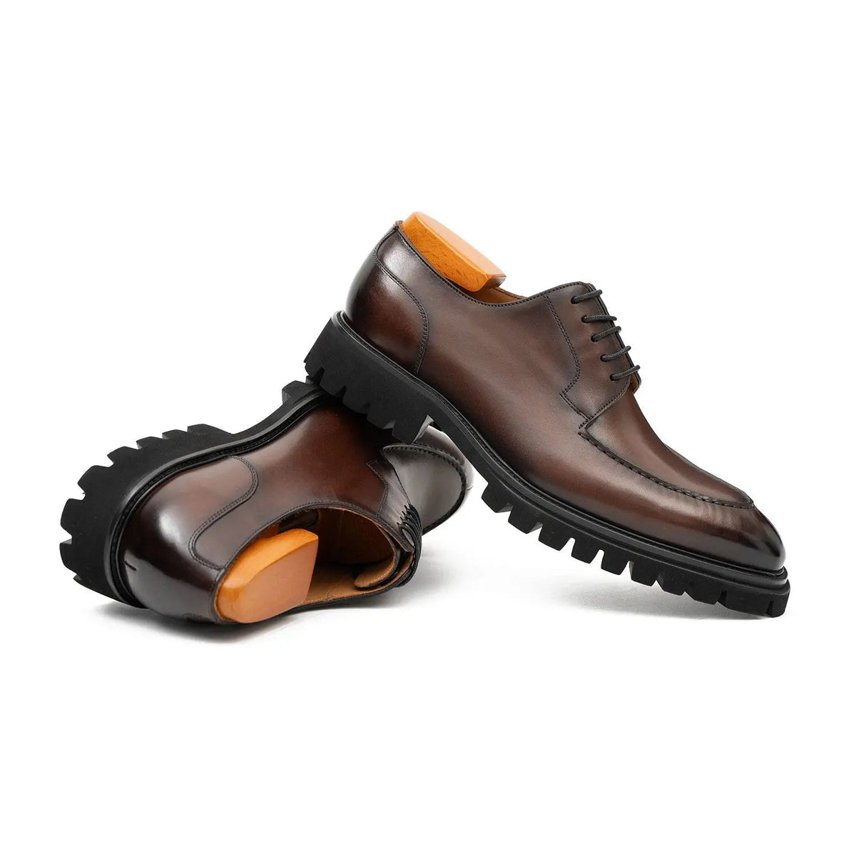 Brown Calf Leather Apron-Toe Derby Shoes