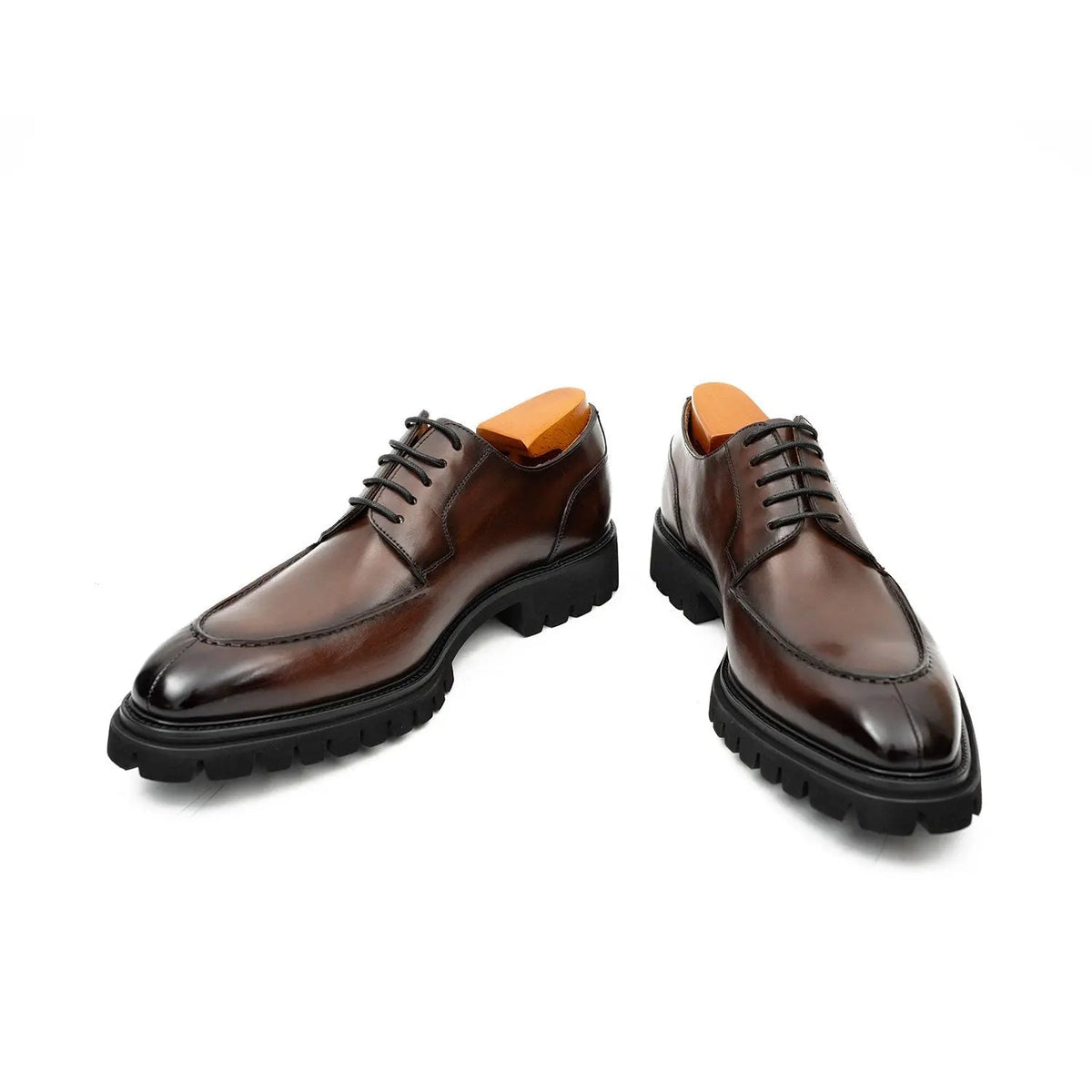 Brown Calf Leather Apron-Toe Derby Shoes