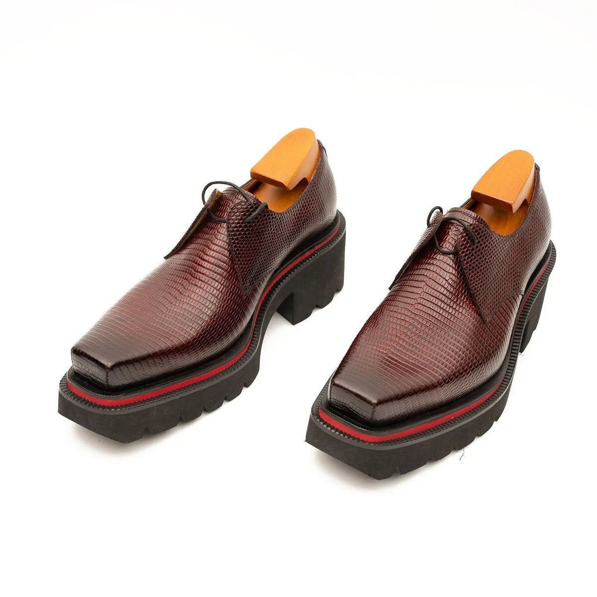 Burgundy Lizard-Embossed Cow Leather Derby Shoes