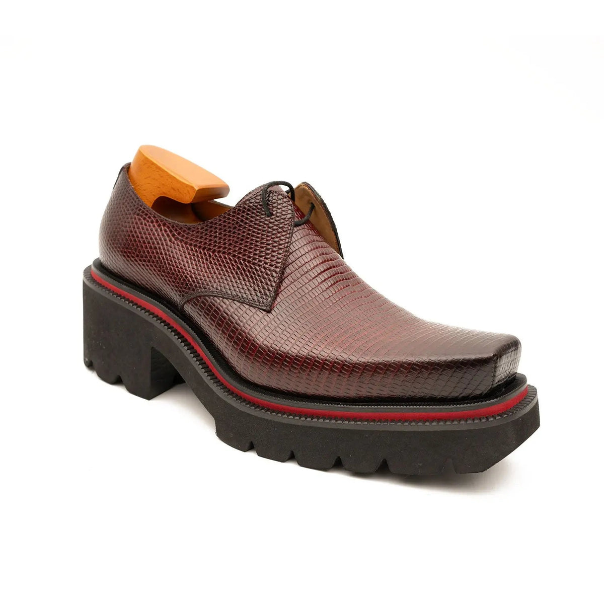 Burgundy Lizard-Embossed Cow Leather Derby Shoes