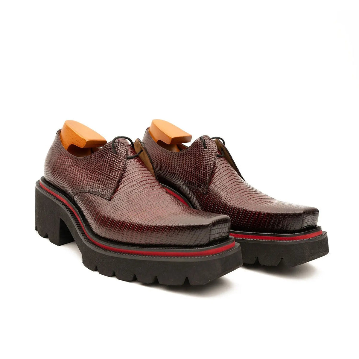 Burgundy Lizard-Embossed Cow Leather Derby Shoes