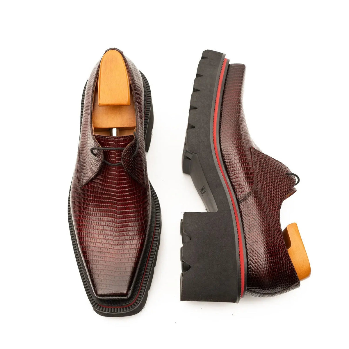 Burgundy Lizard-Embossed Cow Leather Derby Shoes