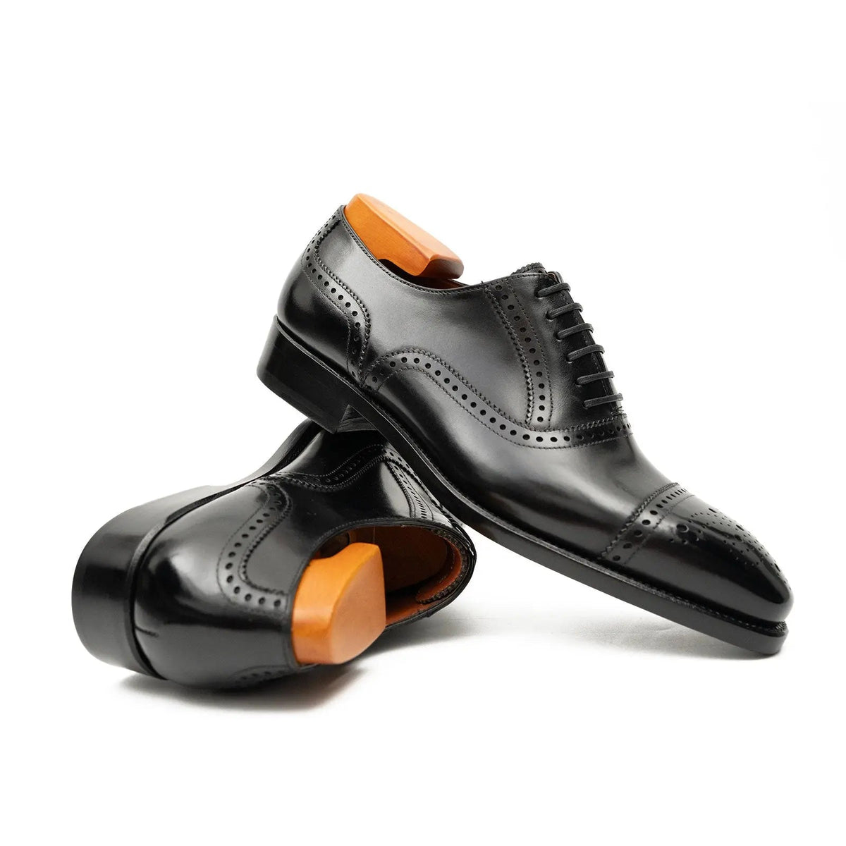 Black Cap-Toe Calf Leather Oxford Shoes