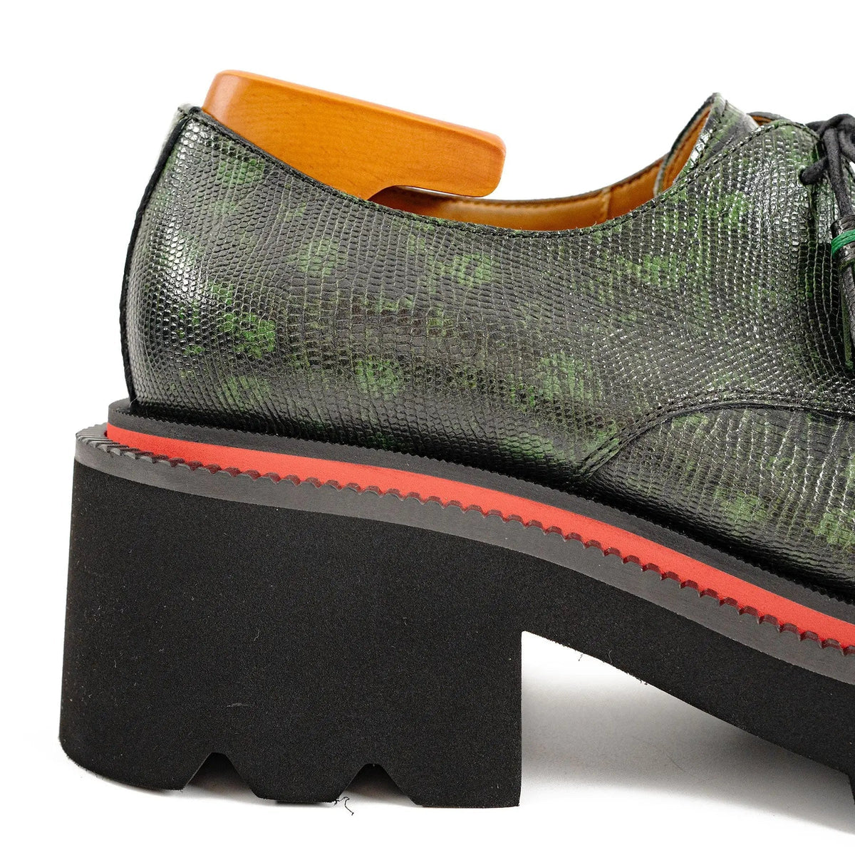 Green Lizard-Embossed Cow Leather Derby Shoes