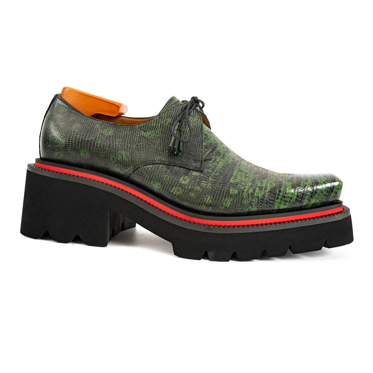 Green Lizard-Embossed Cow Leather Derby Shoes