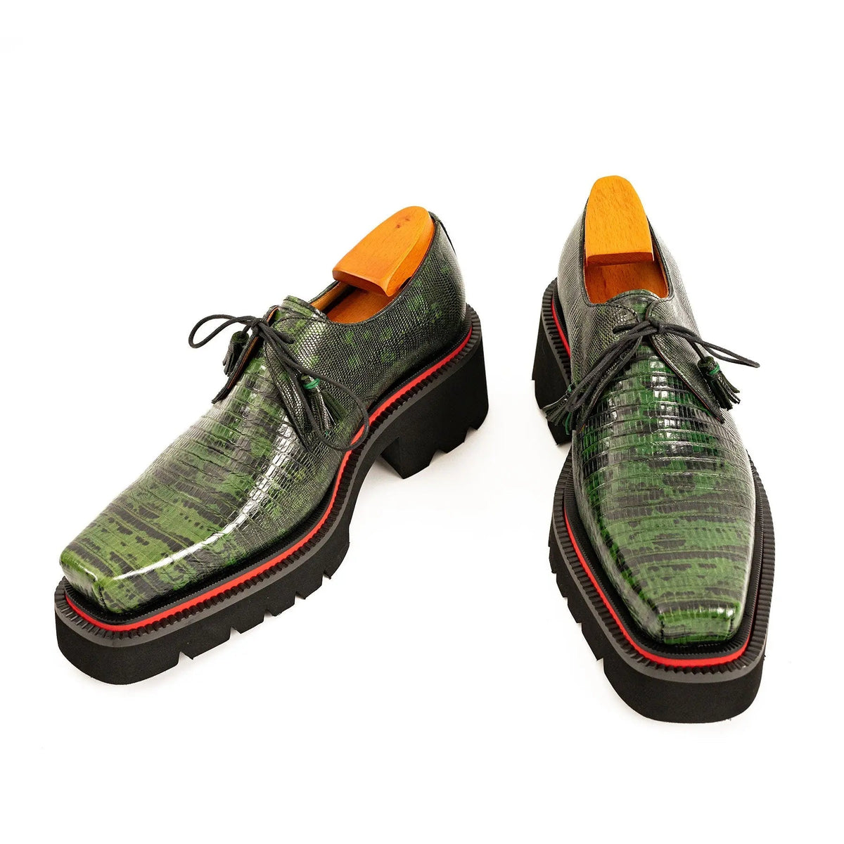 Green Lizard-Embossed Cow Leather Derby Shoes