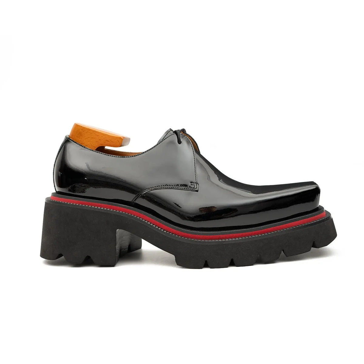 Black-Red Square-Toe Calf Leather Derby Shoes