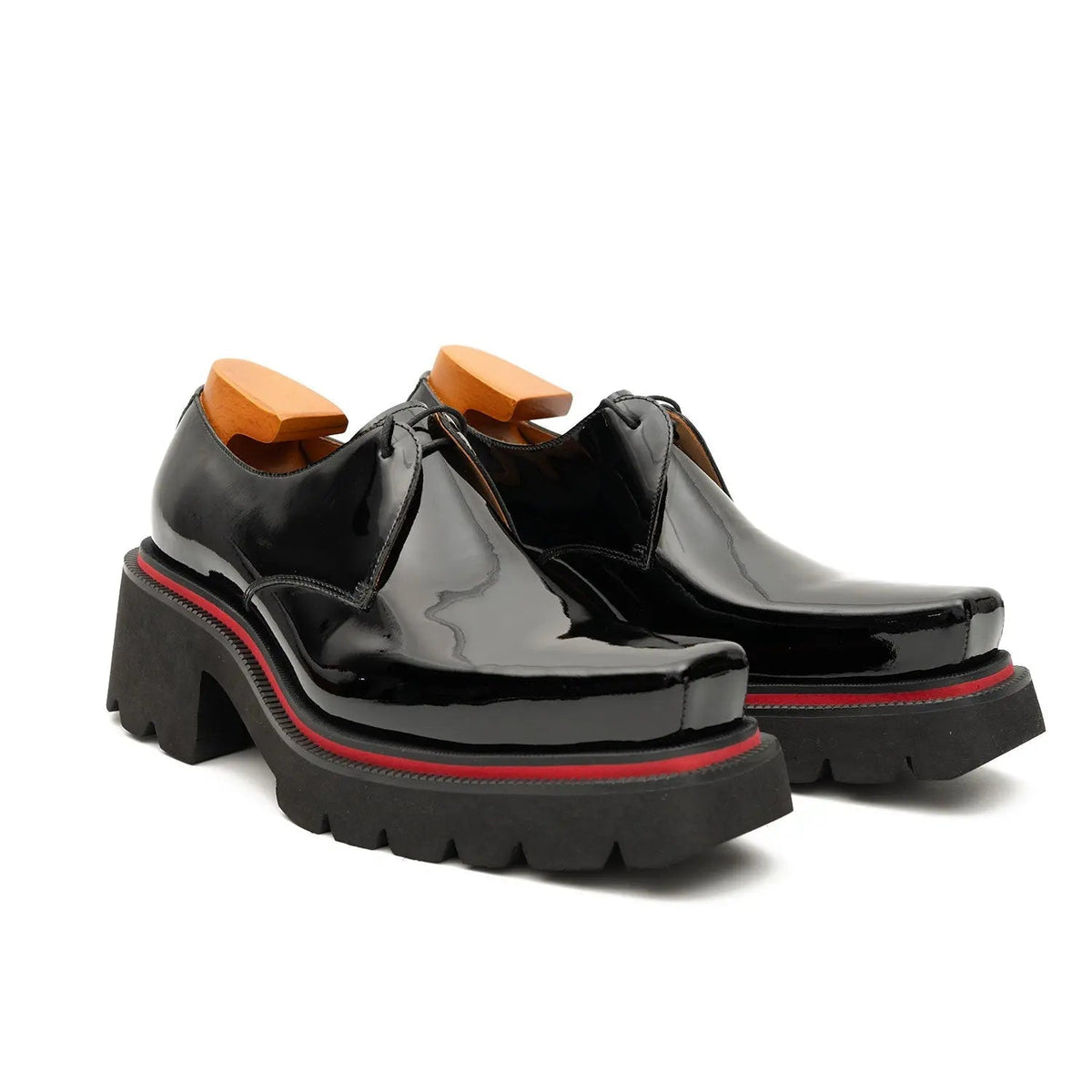 Black-Red Square-Toe Calf Leather Derby Shoes