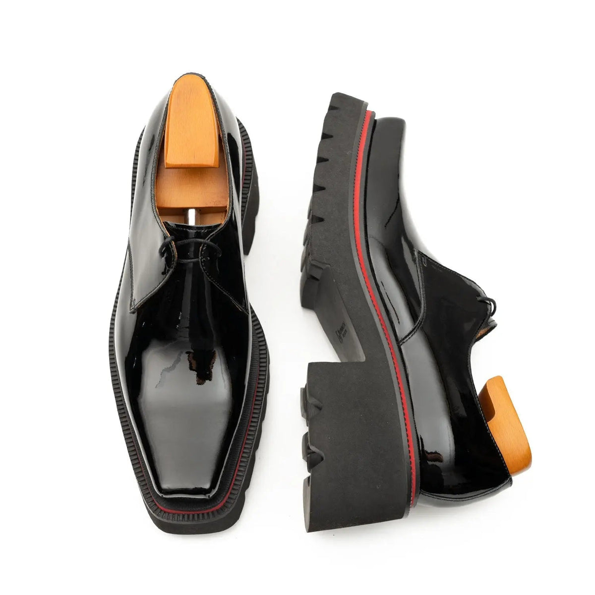 Black-Red Square-Toe Calf Leather Derby Shoes