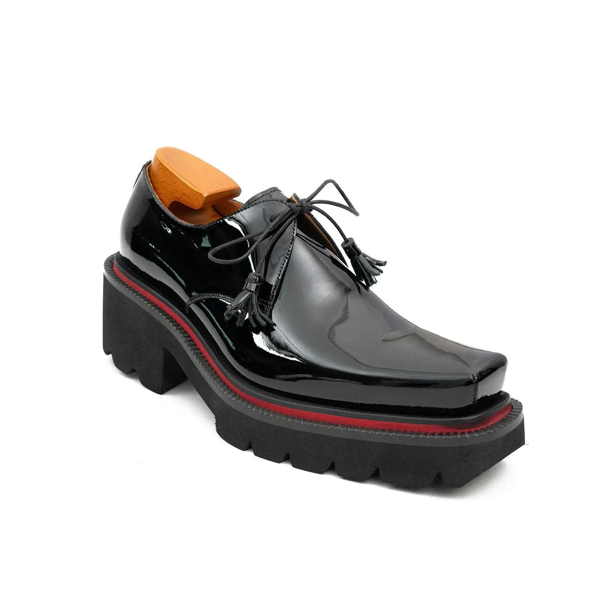 Black-Red Square-Toe Calf Leather Derby Shoes