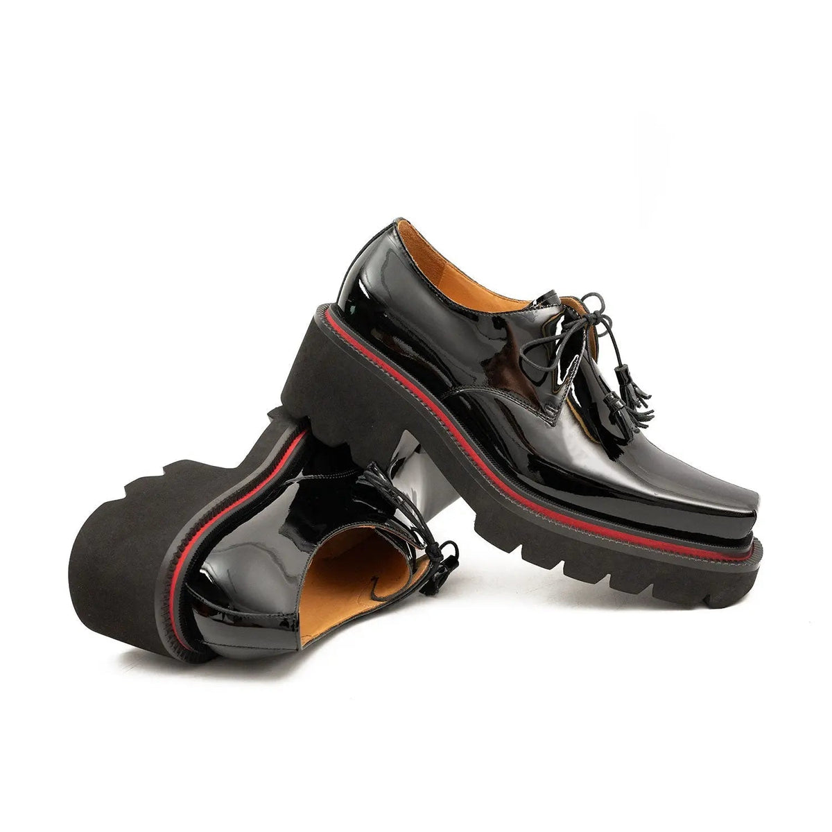 Black-Red Square-Toe Calf Leather Derby Shoes