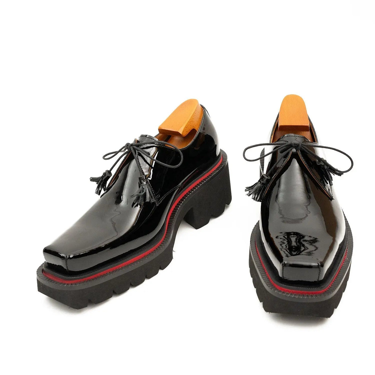 Black-Red Square-Toe Calf Leather Derby Shoes