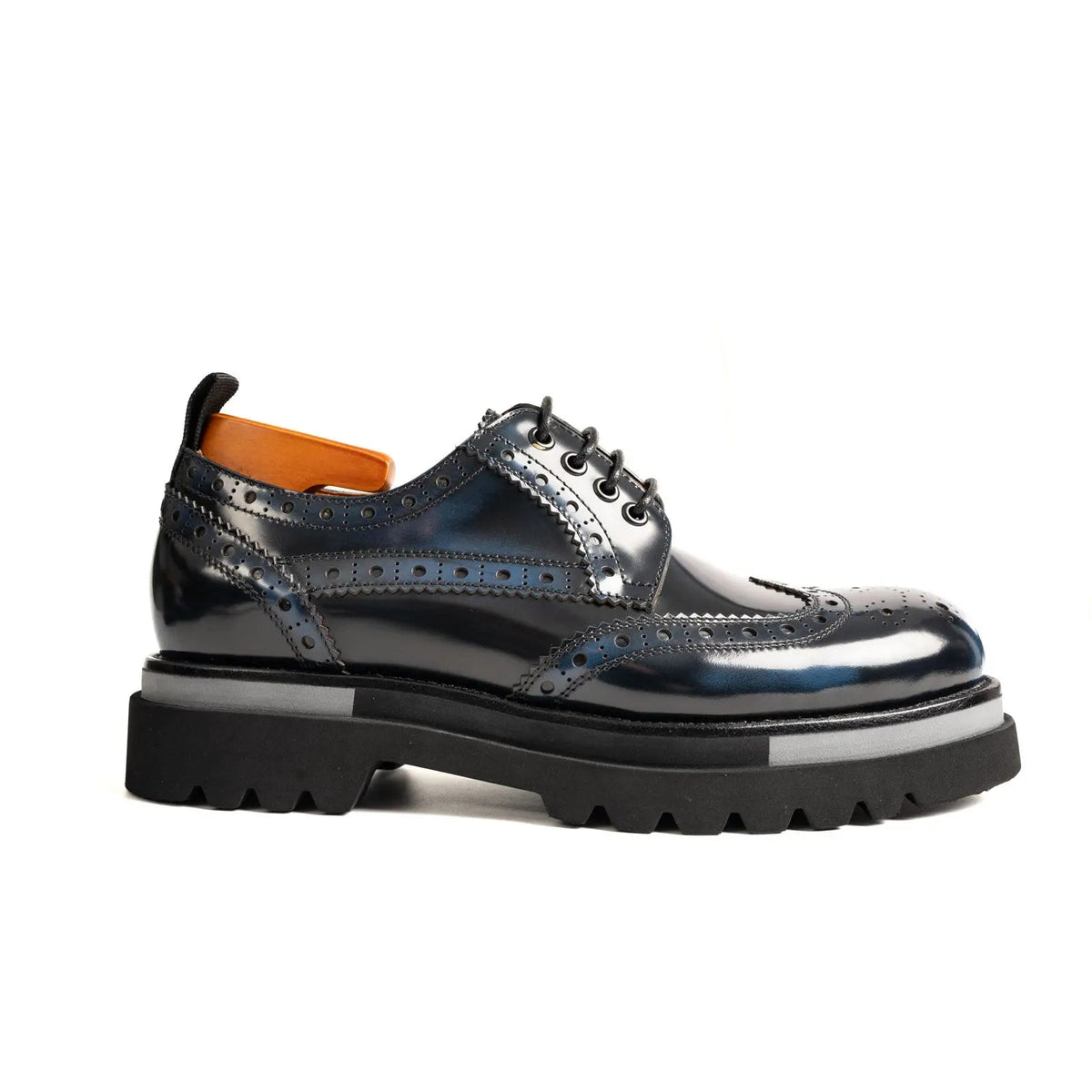 Blue-Black Wingtip Calf Leather Derby Shoes