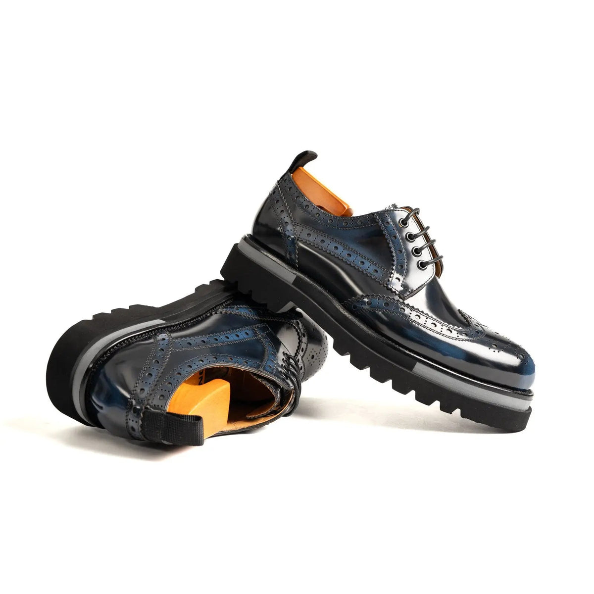Blue-Black Wingtip Calf Leather Derby Shoes