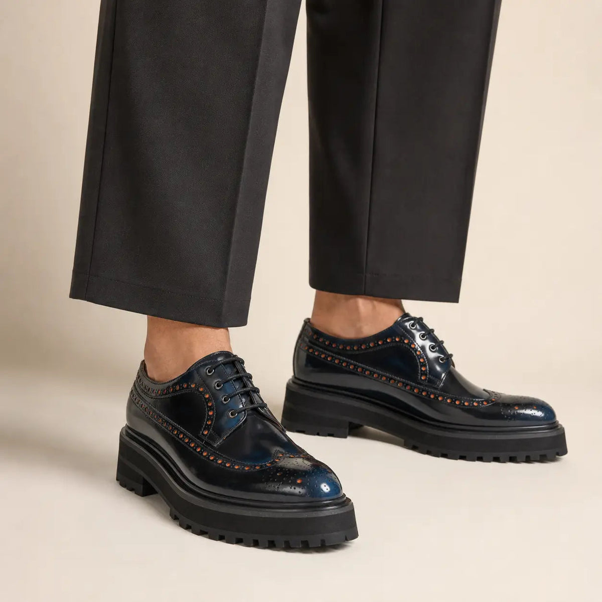 Blue-Black Wingtip Calf Leather Derby Shoes