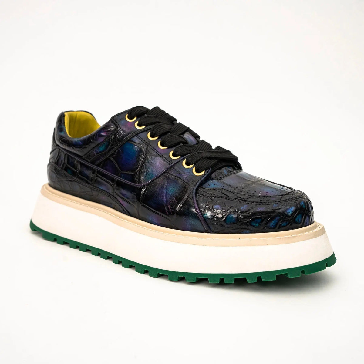 Iridescent Blue-Black Textured Platform Apron-Toe Low-top Sneaker