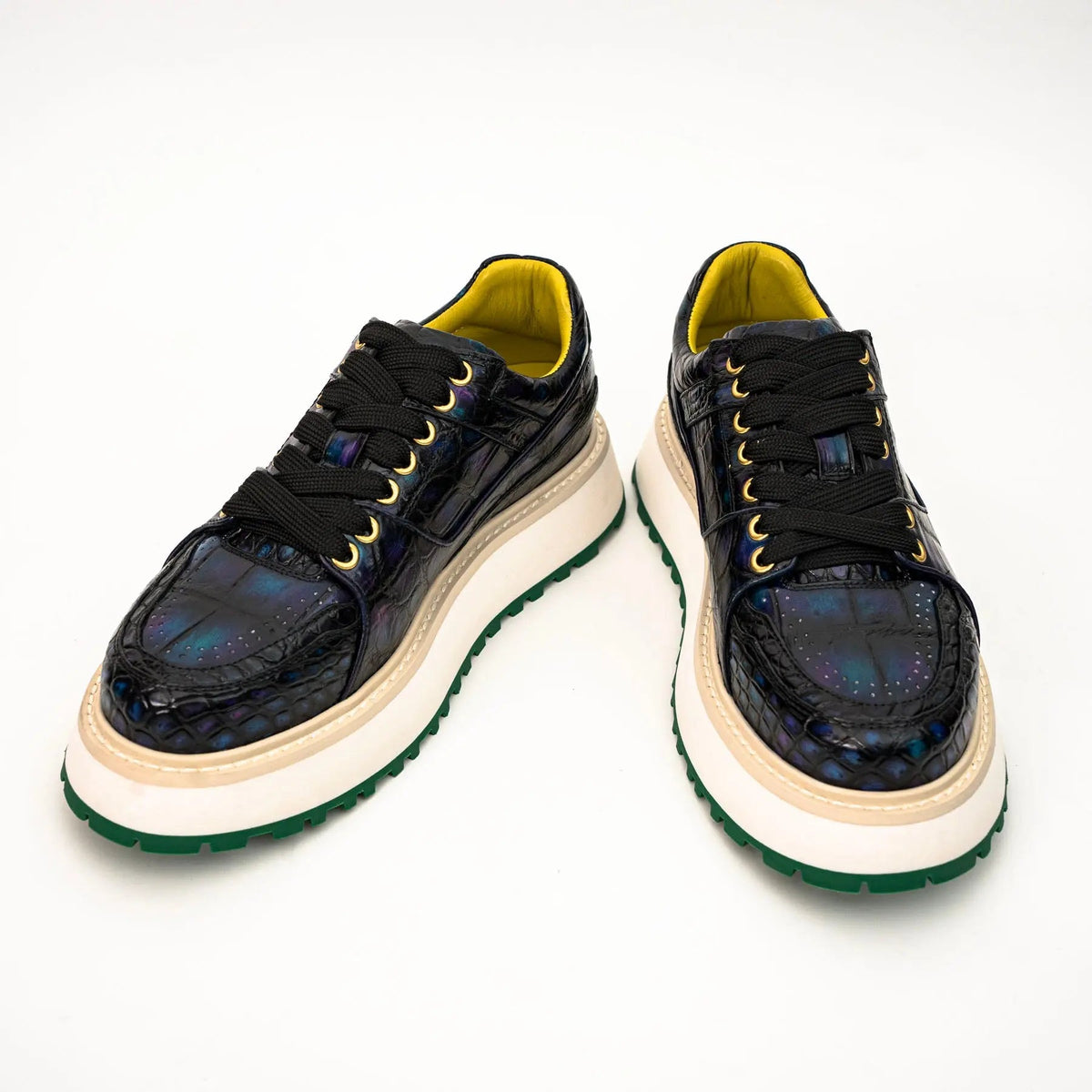 Iridescent Blue-Black Textured Platform Apron-Toe Low-top Sneaker
