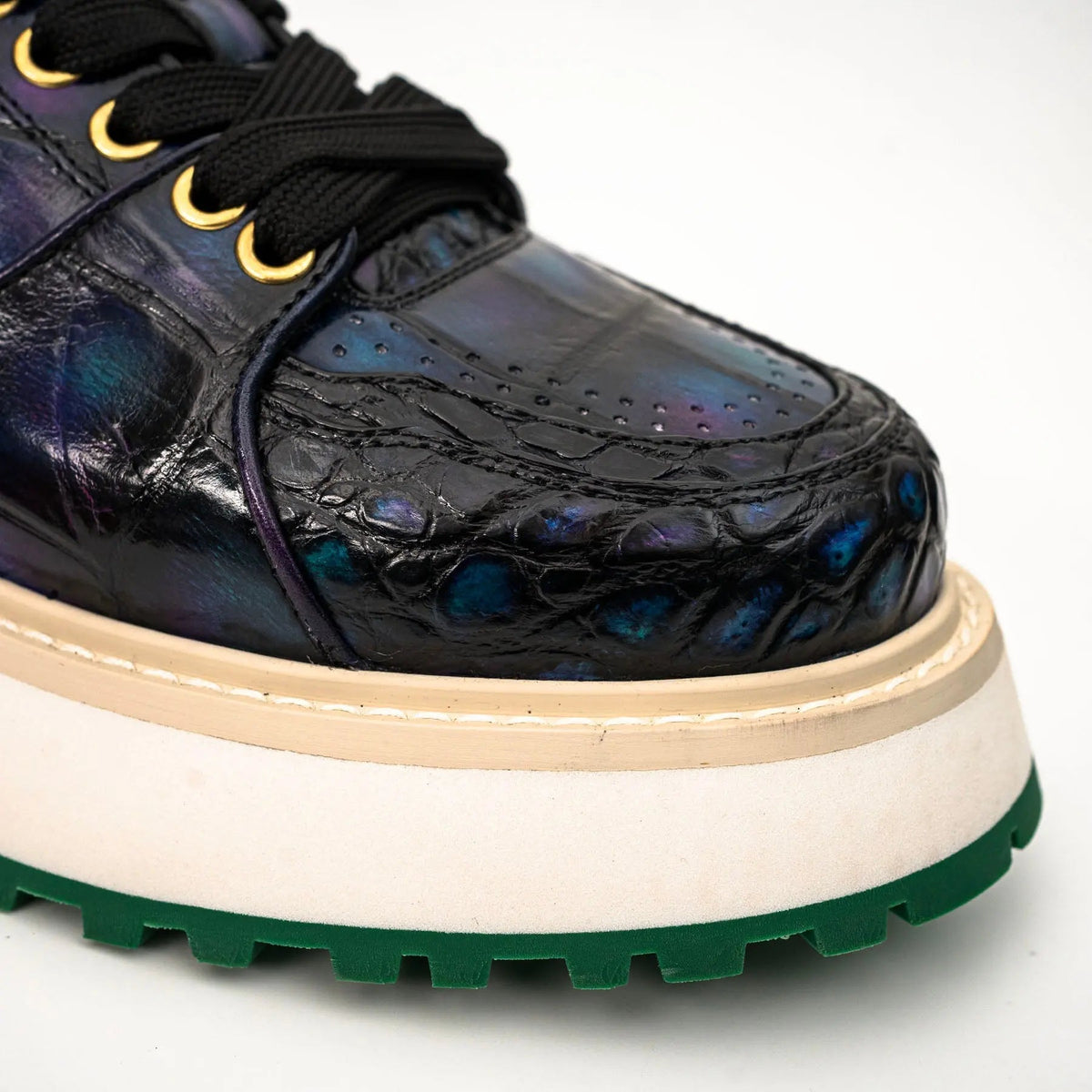 Iridescent Blue-Black Textured Platform Apron-Toe Low-top Sneaker