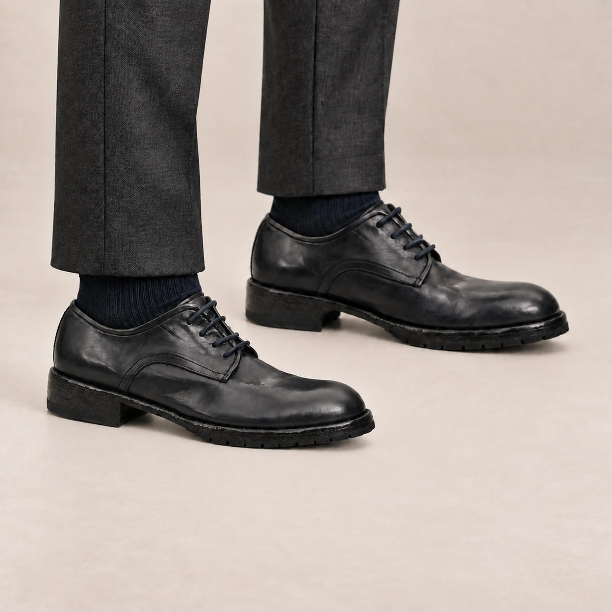 Midnight Navy Plain-Toe Calf Leather Derby Shoes