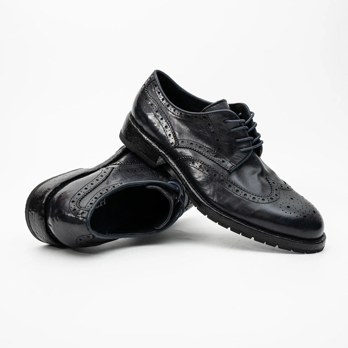 Blue-Black Wingtip Calf Leather Derby Shoes