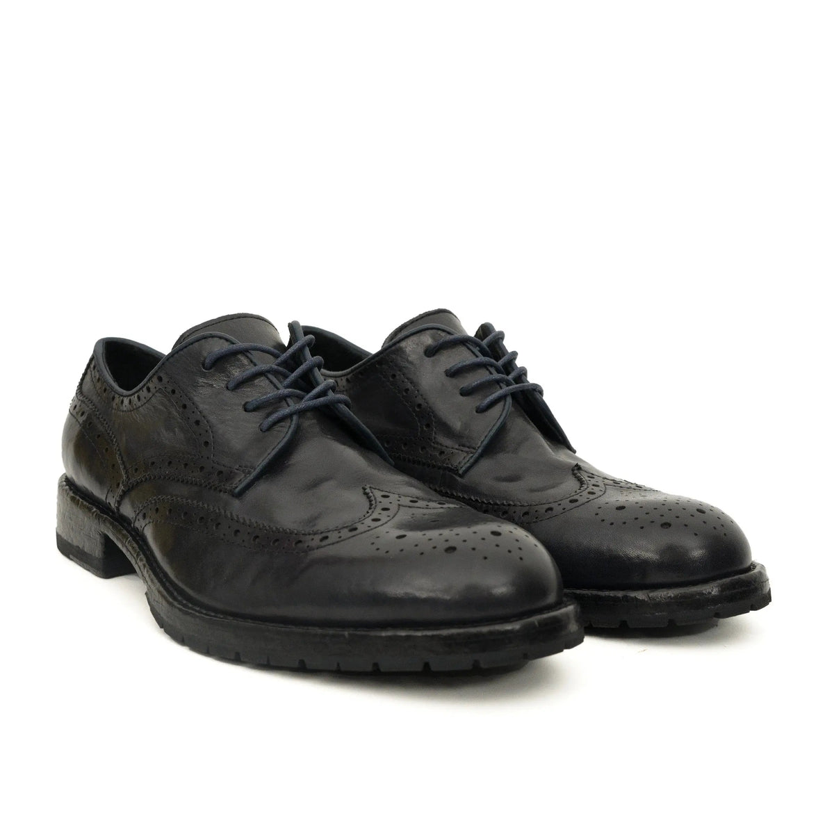 Blue-Black Wingtip Calf Leather Derby Shoes
