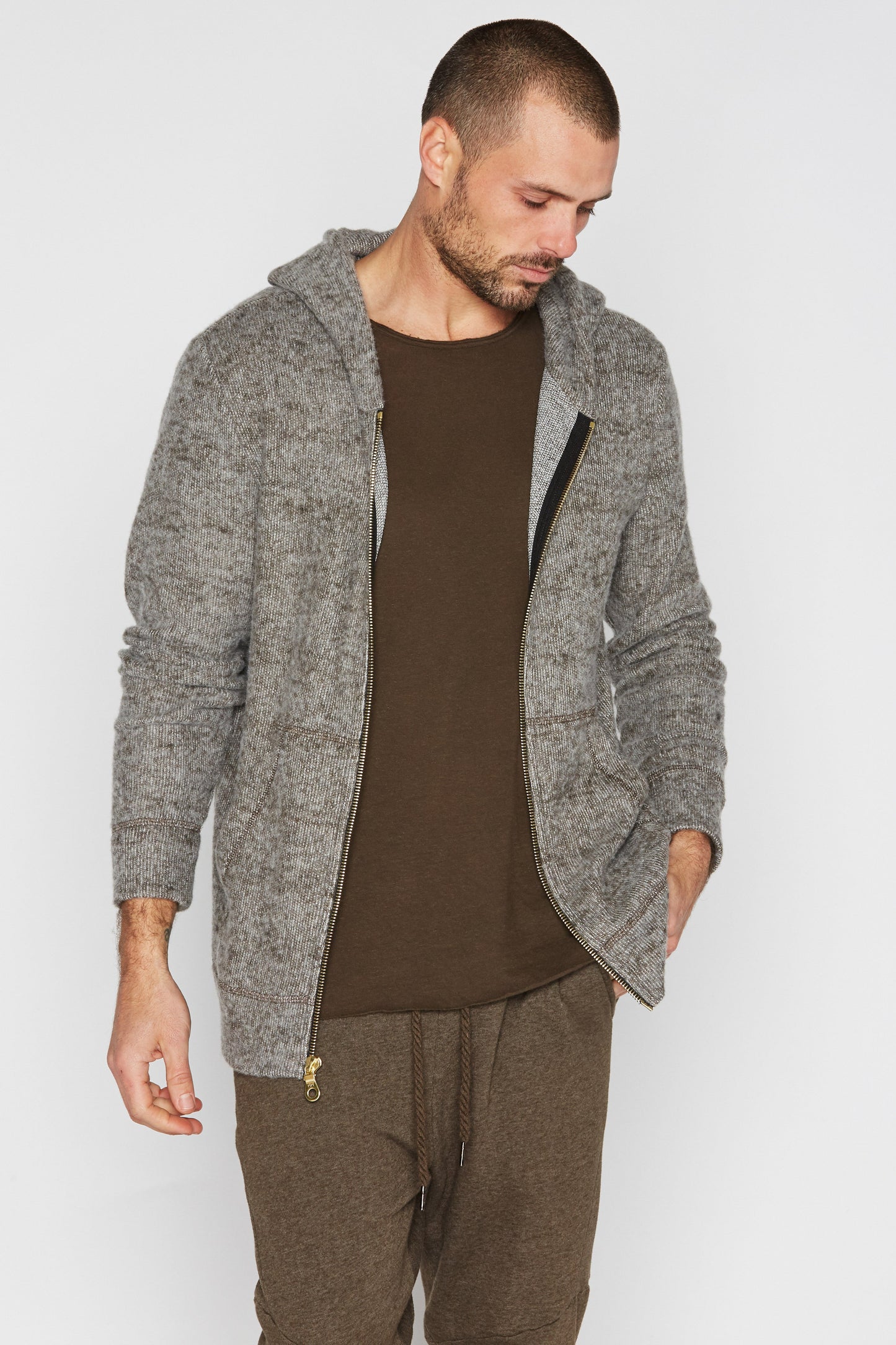 Sudadera con capucha de hombre de punto suave melange con cremallera frontal