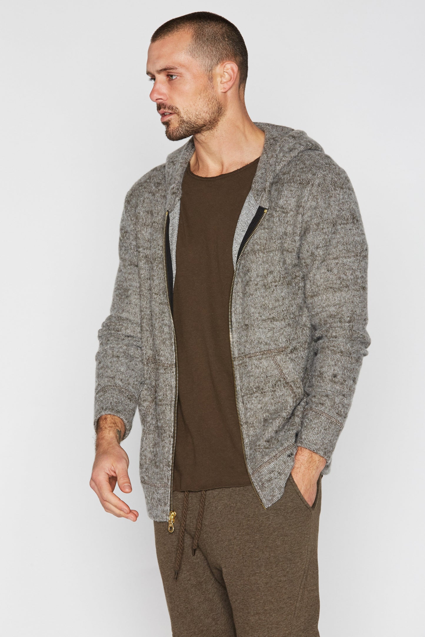 Sudadera con capucha de hombre de punto suave melange con cremallera frontal