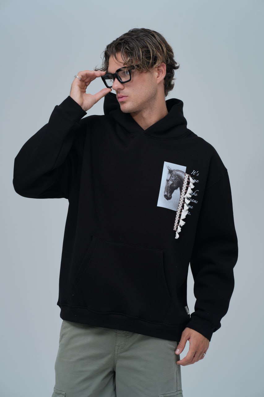 Sudadera con capucha y gráfico de caballo de técnica mixta