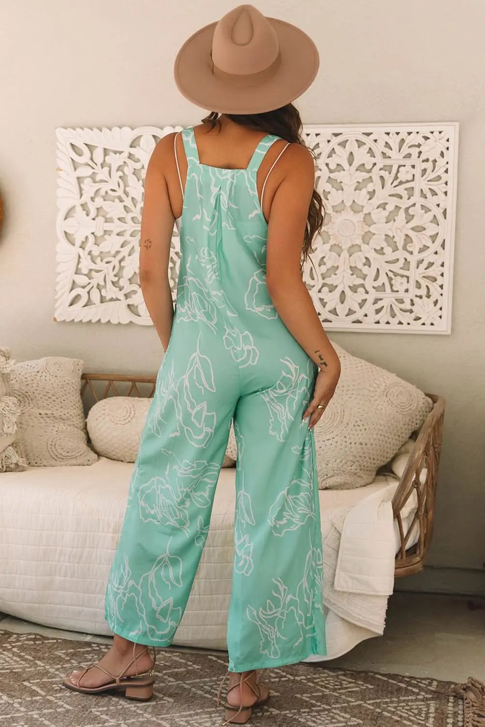 Love Salve Women's Green Printed Overalls — Wide Leg Casual Jumpsuit