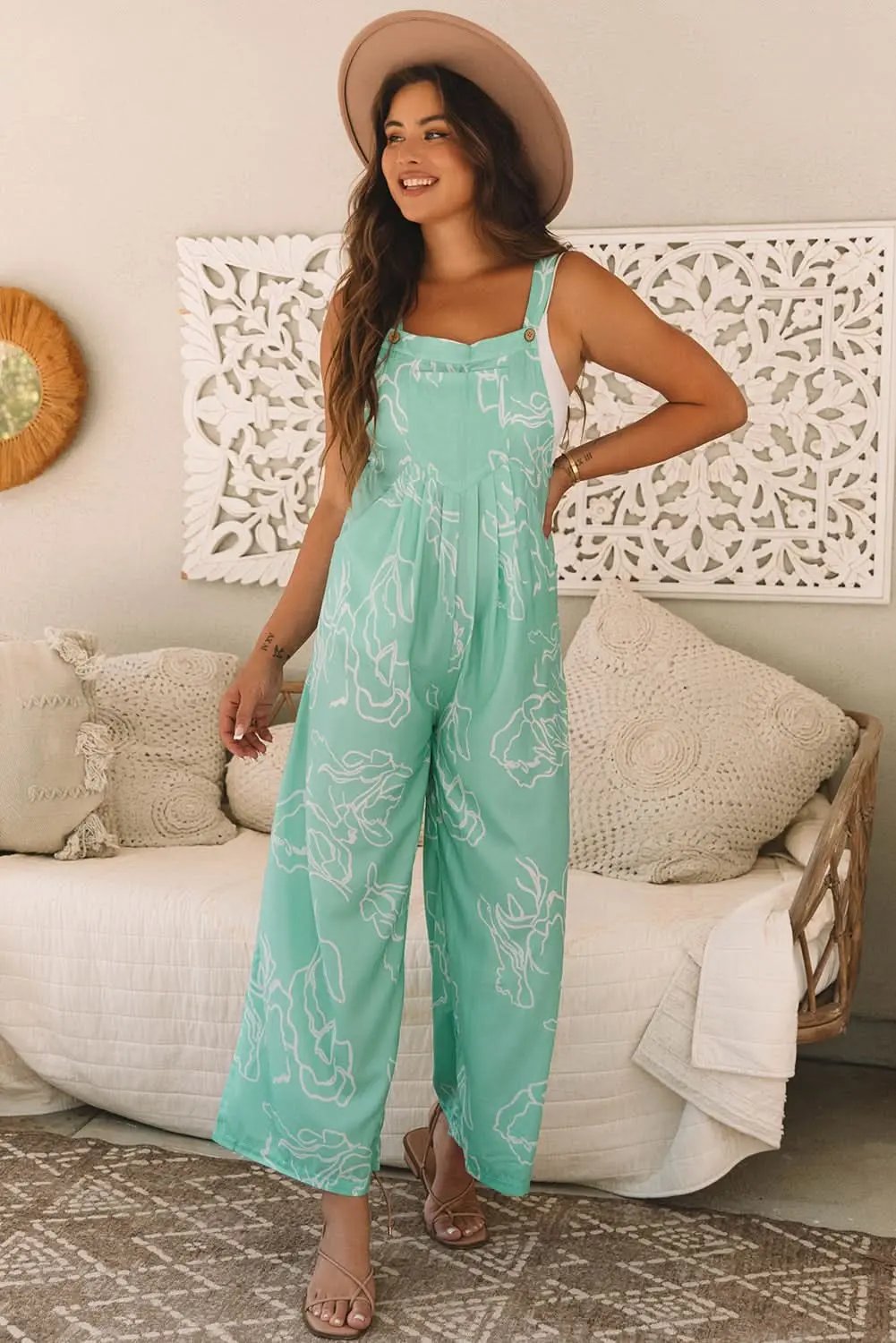 Love Salve Women's Green Printed Overalls — Wide Leg Casual Jumpsuit