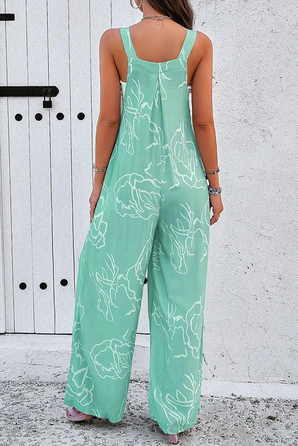 Love Salve Women's Green Printed Overalls — Wide Leg Casual Jumpsuit