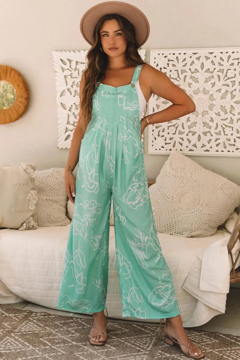 Love Salve Women's Green Printed Overalls — Wide Leg Casual Jumpsuit