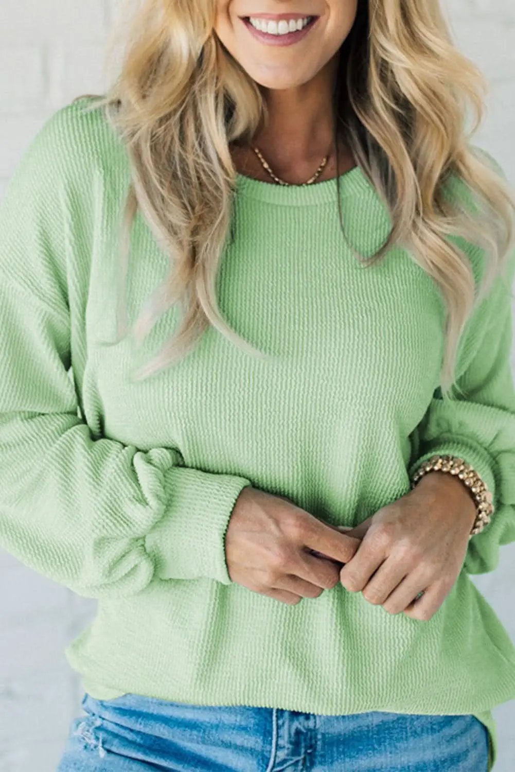 Sweaters Love Salve Green Ribbed Pullover Women's Casual Top: Soft & Cozy