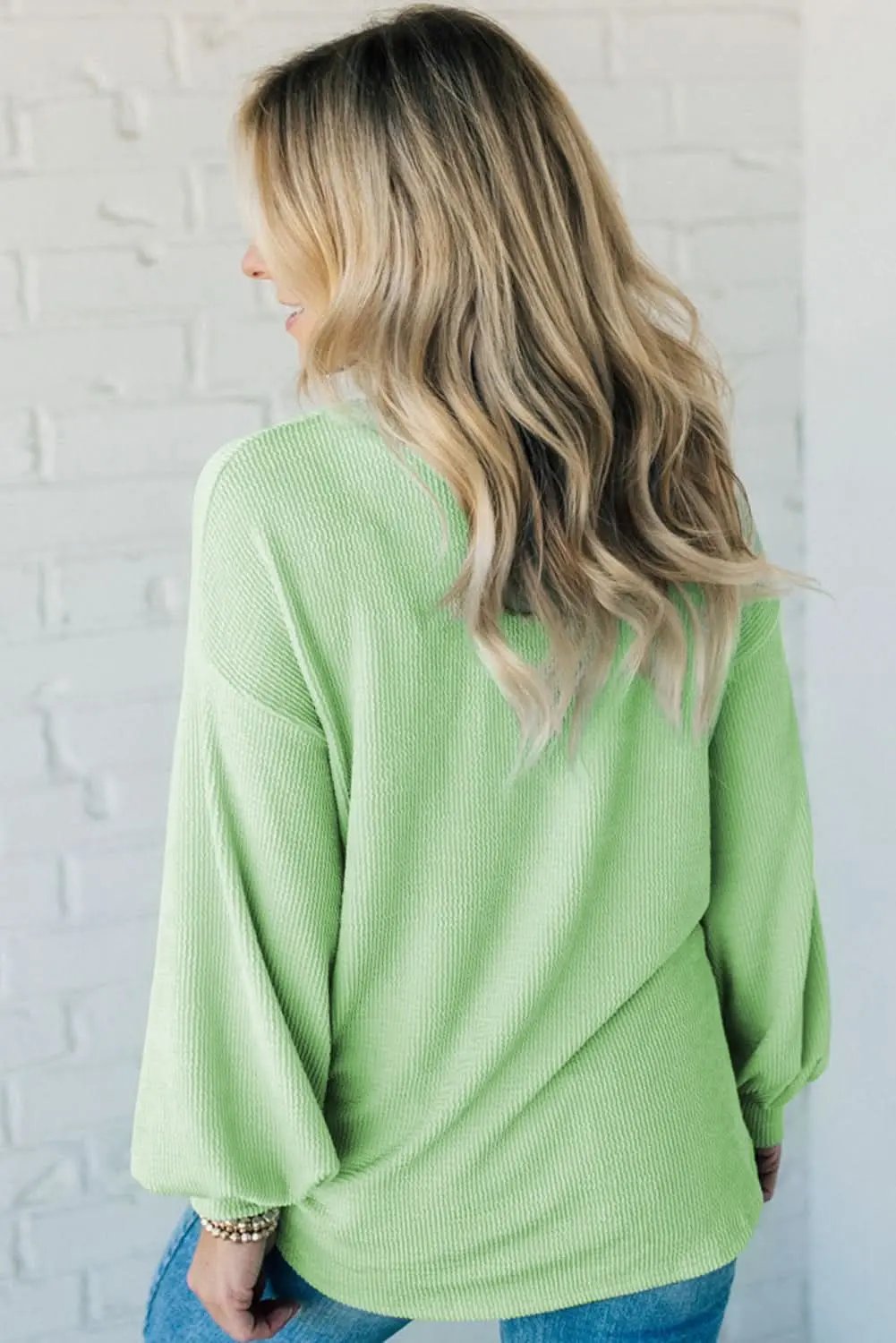 Sweaters Love Salve Green Ribbed Pullover Women's Casual Top: Soft & Cozy