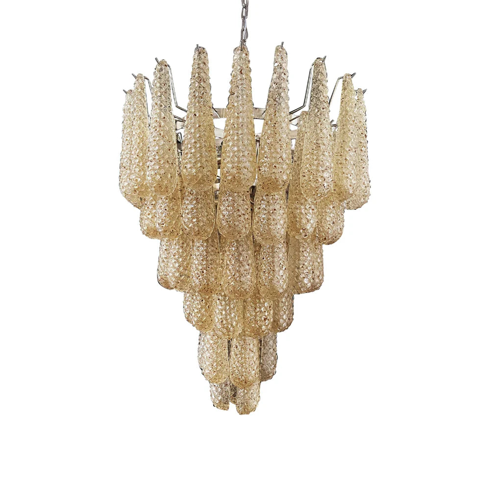 Lámpara de araña con colgantes de pétalos de cristal de Murano ámbar vintage